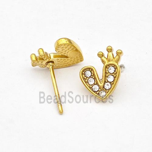 Stainless Steel Heart Stud Earrings Pave Rhinestone Crown Gold Plated