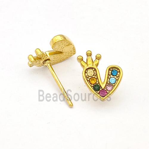 Stainless Steel Heart Stud Earrings Pave Rhinestone Crown Gold Plated