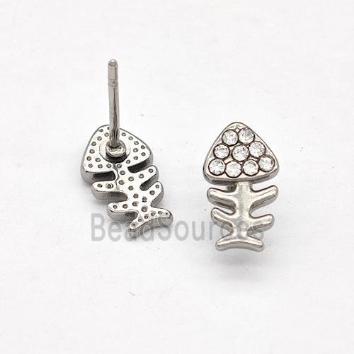 Raw Stainless Steel Fishbone Stud Earrings Pave Rhinestone