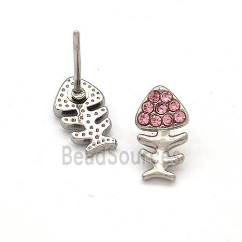 Raw Stainless Steel Fishbone Stud Earrings Pave Pink Rhinestone