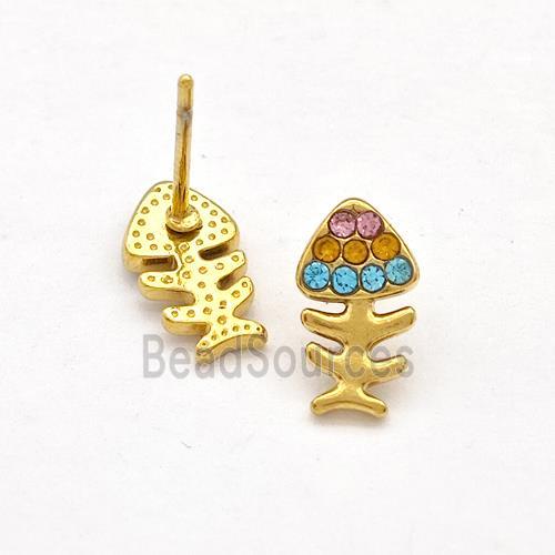 Stainless Steel Fishbone Stud Earrings Pave Rhinestone Gold Plated