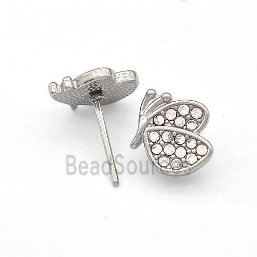 Raw Stainless Steel Butterfly Stud Earrings Pave Rhinestone