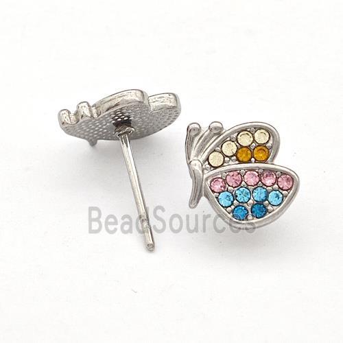 Raw Stainless Steel Butterfly Stud Earrings Pave Rhinestone