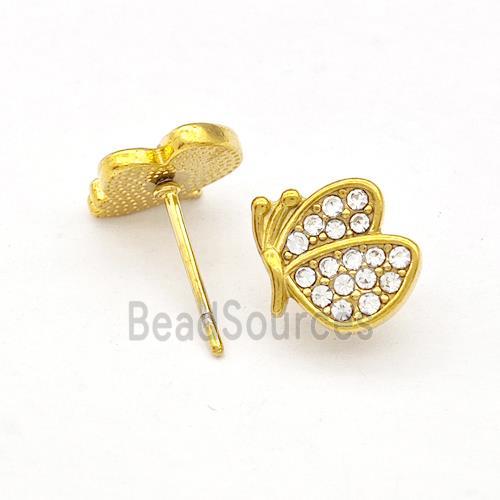 Stainless Steel Butterfly Stud Earrings Pave Rhinestone Gold Plated