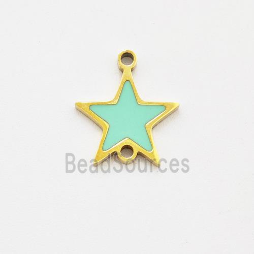 Stainless Steel Star Connector Green Enamel Gold Plated