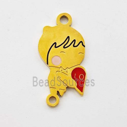 Stainless Steel Kids Boy Connector Split Heart Red Enamel Gold Plated