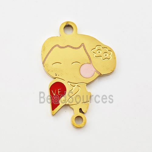 Stainless Steel Kids Girls Connector Split Heart Red Enamel Gold Plated