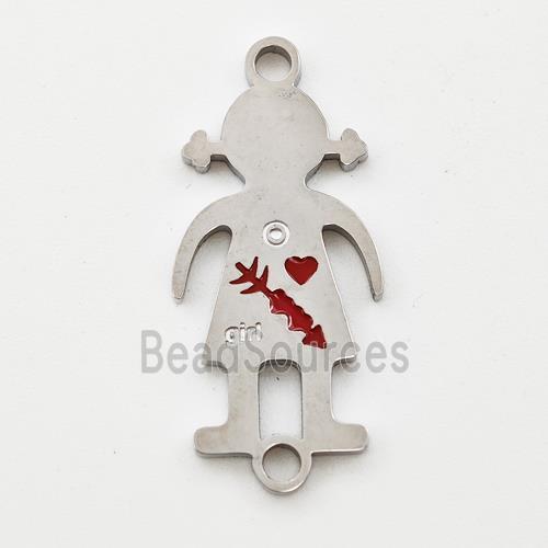 Raw Stainless Steel Kids Girls Connector Split Heart Red Enamel