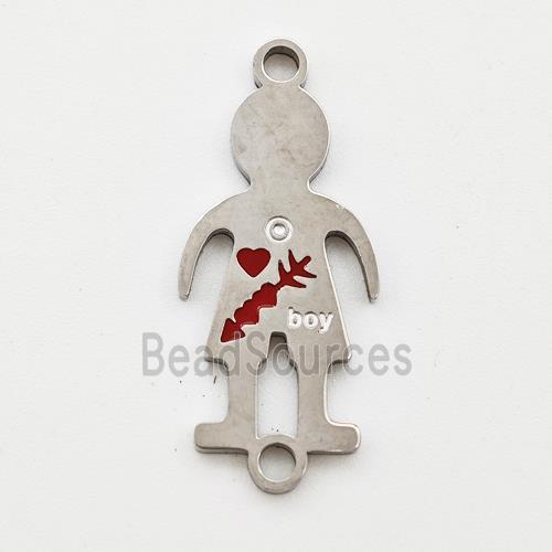 Raw Stainless Steel Kids Boy Connector Split Heart Red Enamel