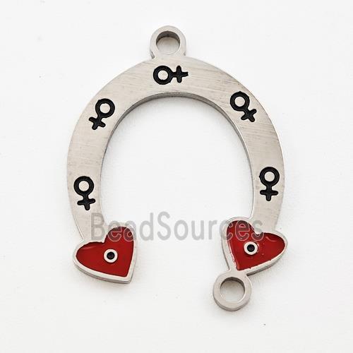 Raw Stainless Steel Horseshoe Pendant Heart Red Enamel