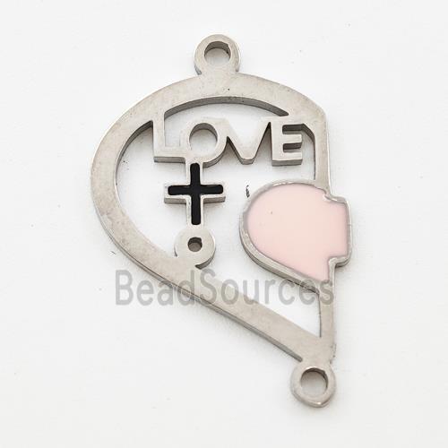 Raw Stainless Steel Split Heart Connector Girl LOVE Pink Enamel