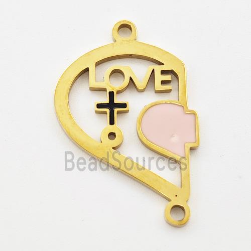 Stainless Steel Split Heart Connector Girl LOVE Pink Enamel Gold Plated