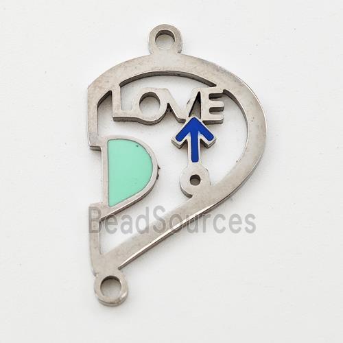 Raw Stainless Steel Split Heart Connector Boy LOVE Green Enamel