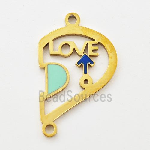 Stainless Steel Split Heart Connector Boy LOVE Green Enamel Gold Plated