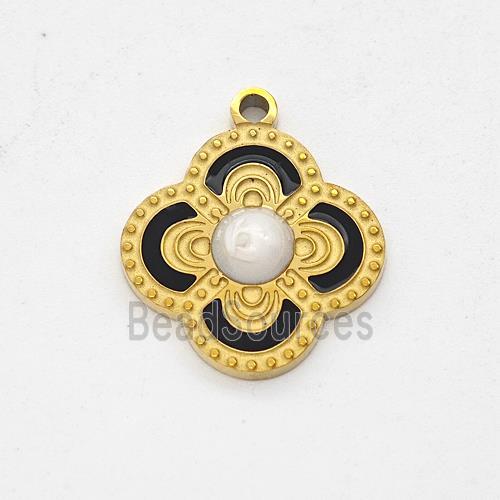 Stainless Steel Clover Pendant Black Enamel Gold Plated