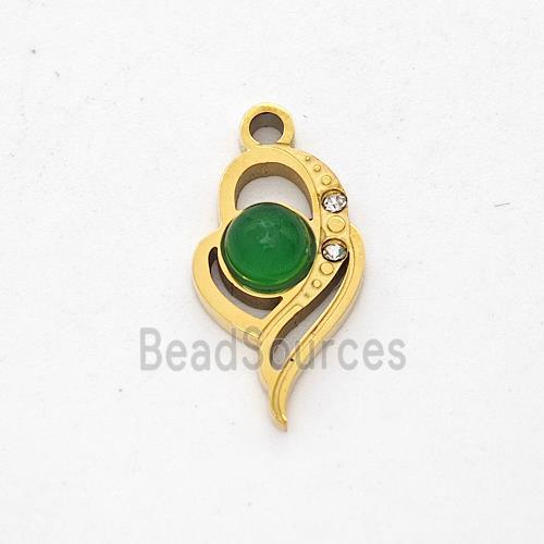 Stainless Steel Heart Pendant Pave Rhinestone Jade Gold Plated