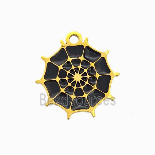 Halloween Spiderweb Charms 304 Stainless Pendant Black Enamel Gold Plated