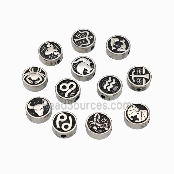 Stainless Steel Coin Beads Zodiac Antique Silver Flat Round Mixed