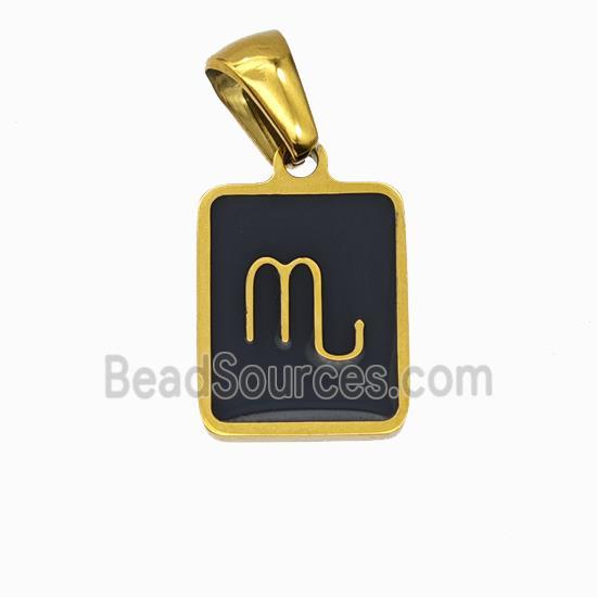 Stainless Steel Symbol Pendant Zodiac Scorpio Black Enamel Rectangle Gold Plated