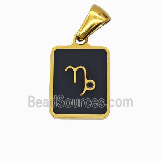 Stainless Steel Symbol Pendant Zodiac Capricorn Black Enamel Rectangle Gold Plated