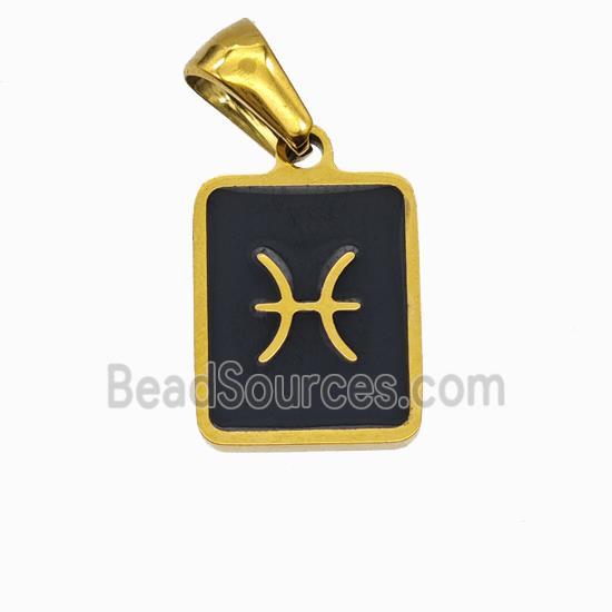 Stainless Steel Symbol Pendant Zodiac Pisces Black Enamel Rectangle Gold Plated