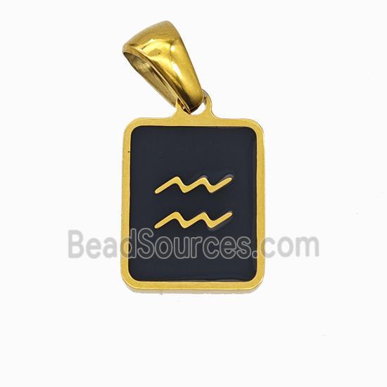 Stainless Steel Symbol Pendant Zodiac Aquarius Black Enamel Rectangle Gold Plated