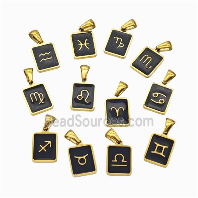 Stainless Steel Symbol Pendant Zodiac Black Enamel Rectangle Gold Plated Mixed