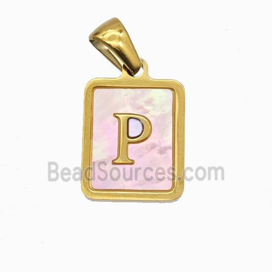 Stainless Steel Rectangle Pendant Pave Pink Shell Letter-P Gold Plated