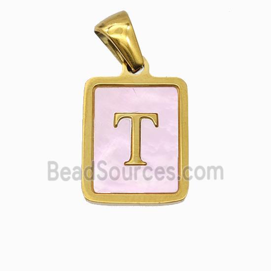 Stainless Steel Rectangle Pendant Pave Pink Shell Letter-T Gold Plated