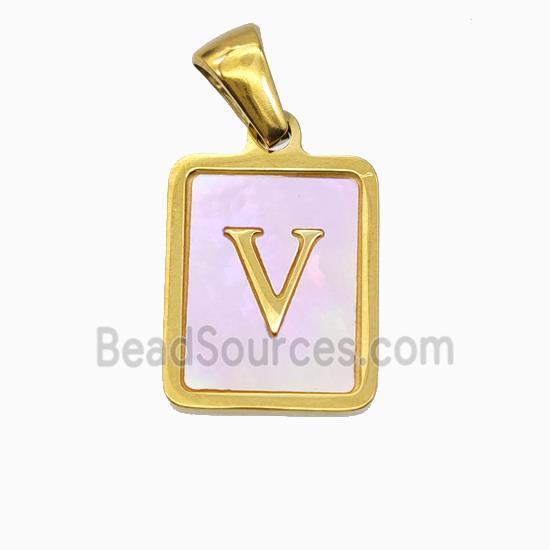 Stainless Steel Rectangle Pendant Pave Pink Shell Letter-V Gold Plated