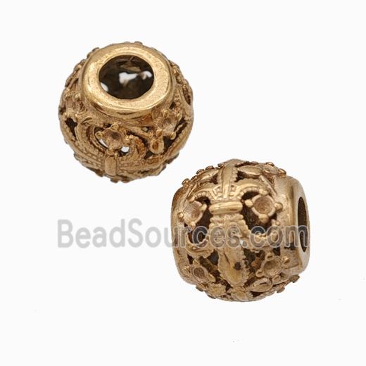 Titanium Steel Round Beads Large Hole Hollow Fleur De Lis Rose Gold