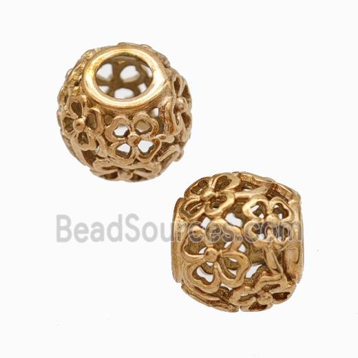 Titanium Steel Round Beads Large Hole Hollow Clover Rose Gold