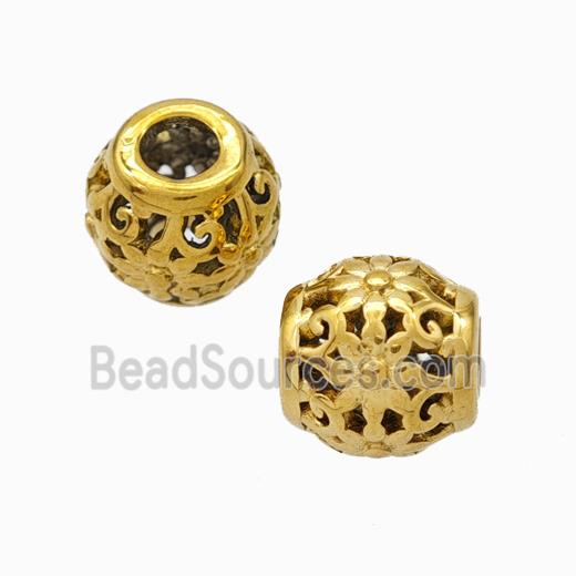 Titanium Steel Barrel Beads Large Hole Hollow Flower Gold Plated