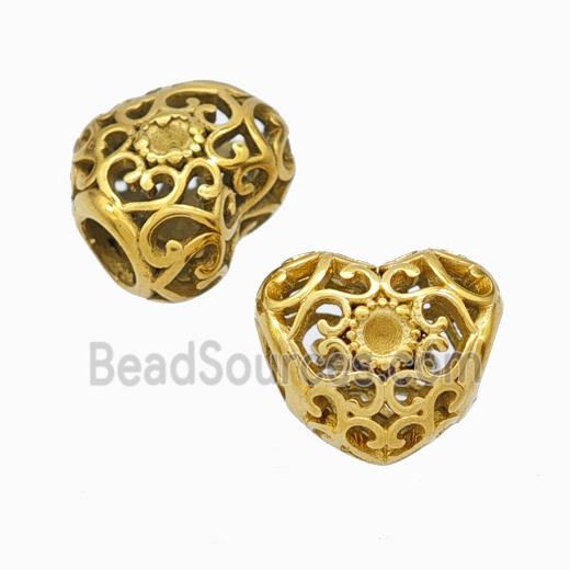Titanium Steel Heart Beads Large Hole Hollow Gold Plated