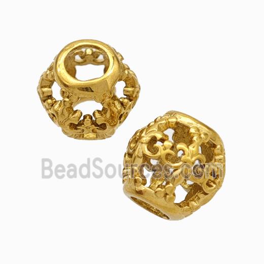 Titanium Steel Barrel Beads Large Hole Hollow Fleur De Lis Gold Plated