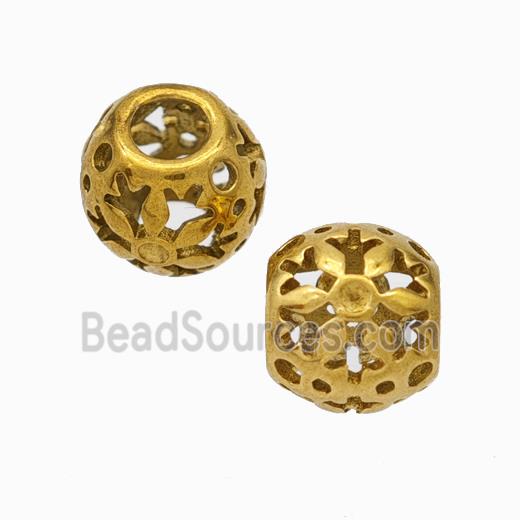 Titanium Steel Round Beads Large Hole Hollow Flower Gold Plated