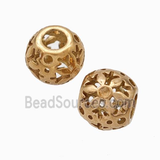 Titanium Steel Round Beads Large Hole Hollow Flower Rose Gold