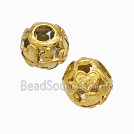 Titanium Steel Round Beads Large Hole Hollow Heart Gold Plated