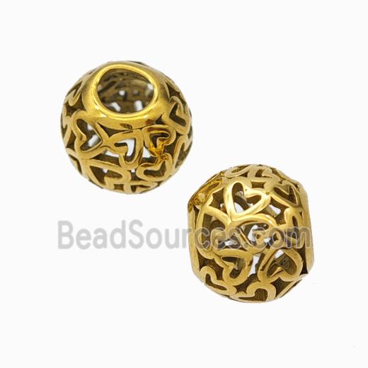 Titanium Steel Round Beads Large Hole Hollow Heart Gold Plated