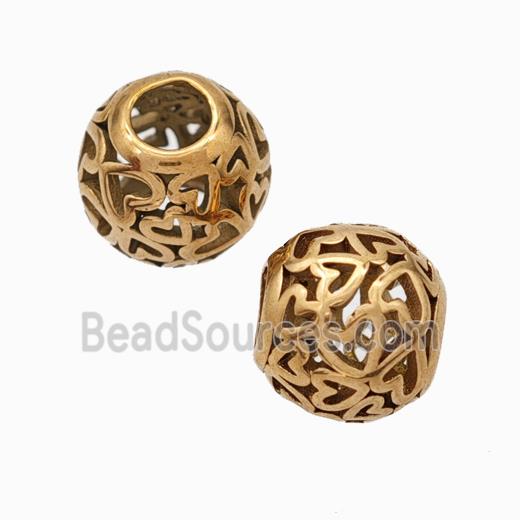 Titanium Steel Round Beads Large Hole Hollow Heart Rose Gold