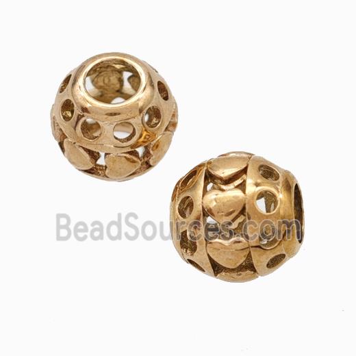 Titanium Steel Round Beads Large Hole Hollow Heart Rose Gold