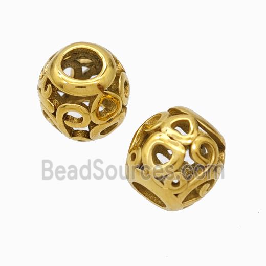 Titanium Steel Round Beads Large Hole Hollow Heart Gold Plated