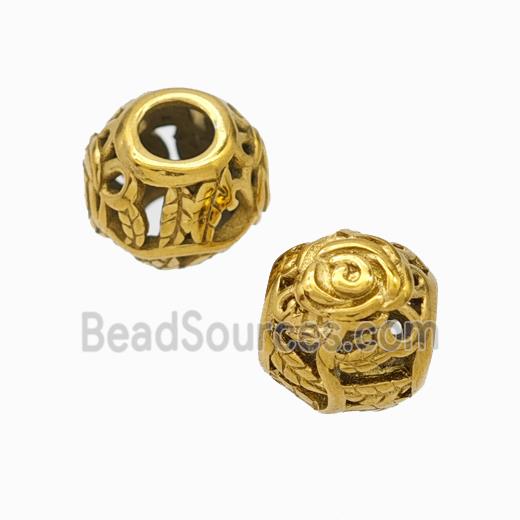 Titanium Steel Round Beads Large Hole Hollow Flower Gold Plated