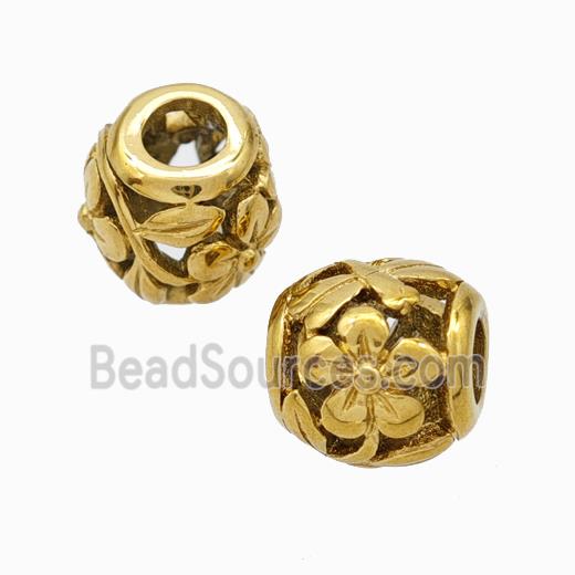 Titanium Steel Barrel Beads Large Hole Hollow Flower Gold Plated
