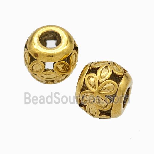 Titanium Steel Round Beads Large Hole Hollow Flower Gold Plated