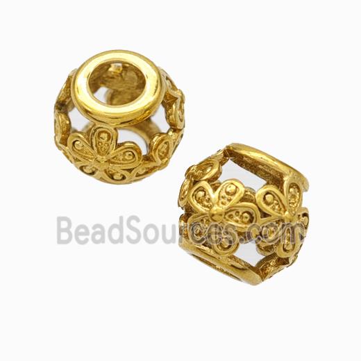 Titanium Steel Round Beads Large Hole Hollow Flower Gold Plated