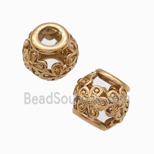 Titanium Steel Round Beads Large Hole Hollow Flower Rose Gold