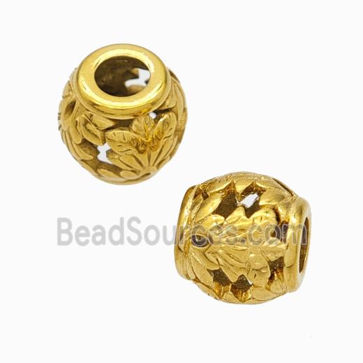 Titanium Steel Barrel Beads Large Hole Hollow Leaf Gold Plated