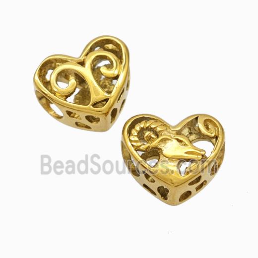 Titanium Steel Heart Beads Zodiac Aries Large Hole Hollow Gold Plated