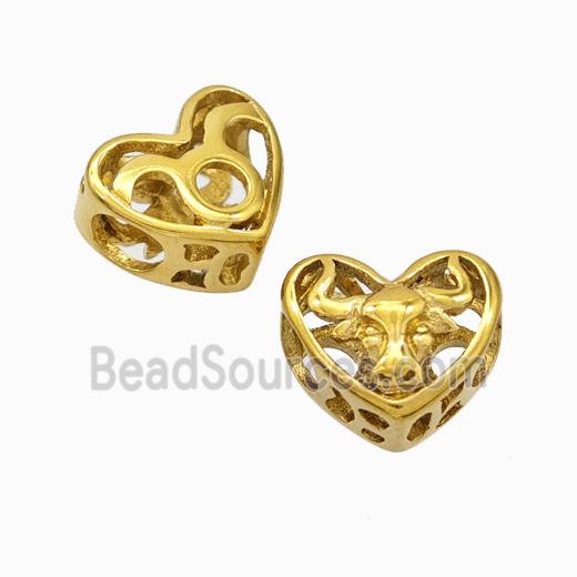 Titanium Steel Heart Beads Zodiac Taurus Large Hole Hollow Gold Plated